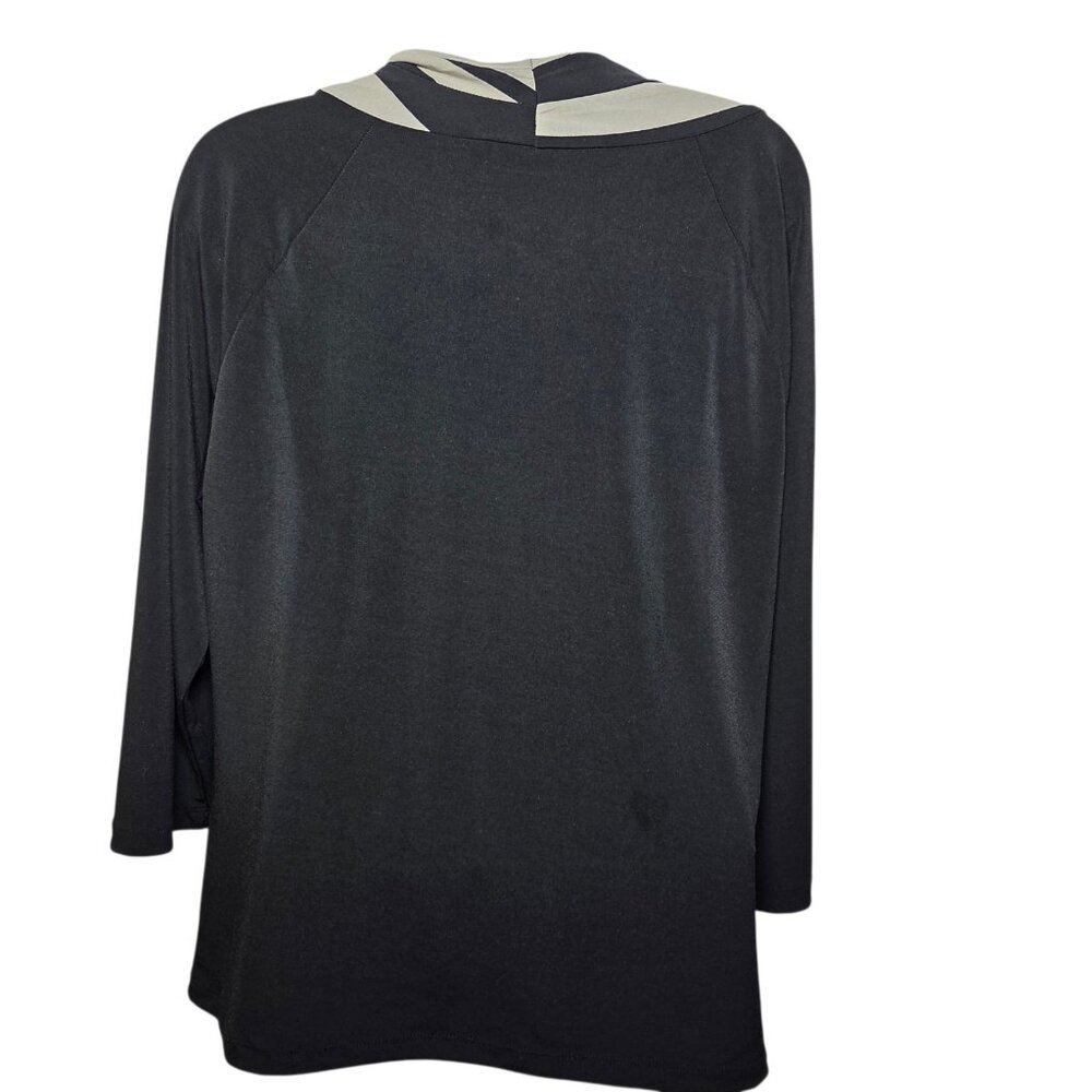 Chico's Black Gray Striped Draped Neck 3/4-Sleeve Careerwear Top Stretch M/12 - Picture 3 of 5